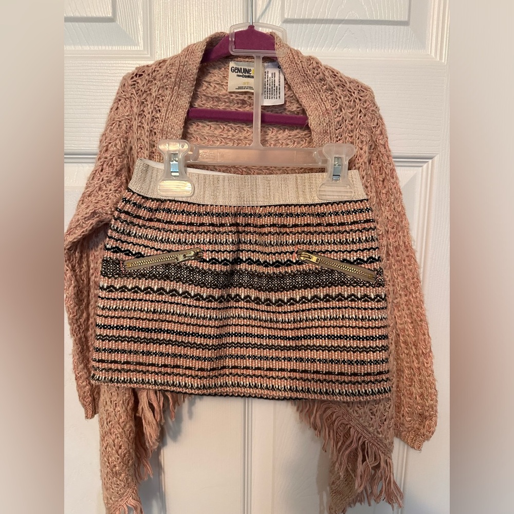 Girls Genuine Kids Oshkosh Shawl Sweater and Mini Tweed Skirt